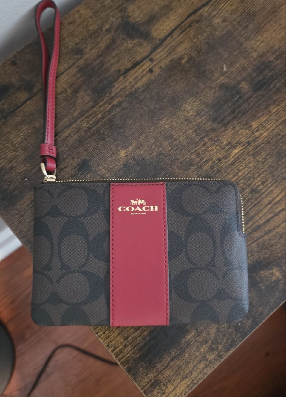 Coach Corner Zip Wristlet Brown with Red Stripe